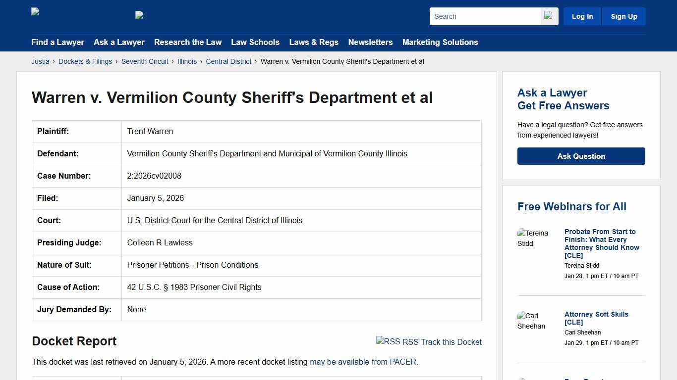Warren v. Vermilion County Sheriff's Department et al 2:2026cv02008 U.S. District Court for the Central District of Illinois Justia